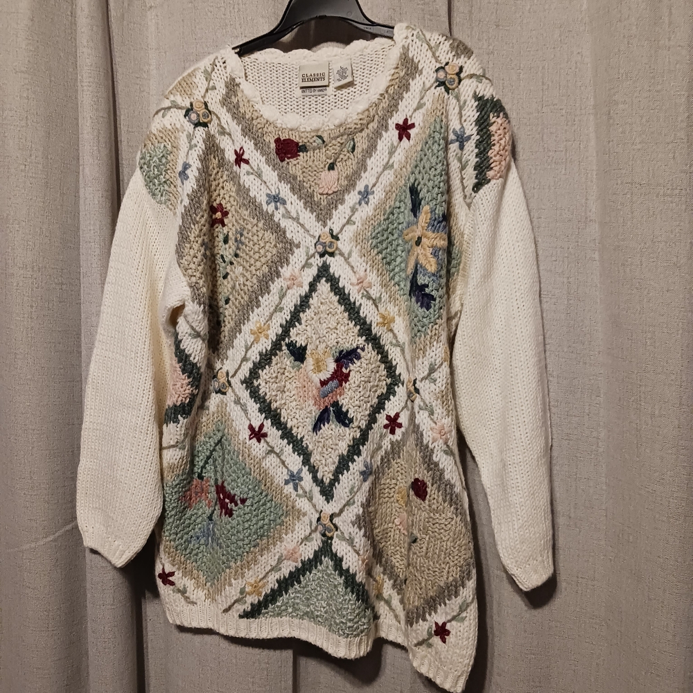 Vintage Hand Knitted Grannycore Floral Sweater Size Large